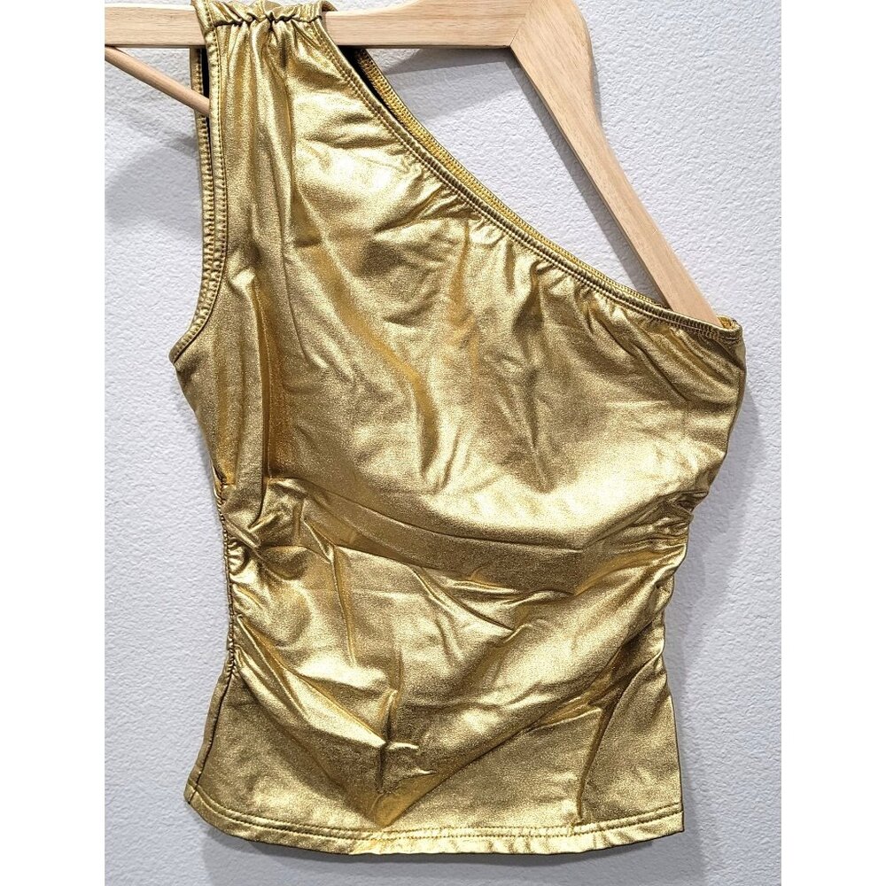 Shein One-Shoulder Gold Metallic with Ruched Sides Tank Top Size M